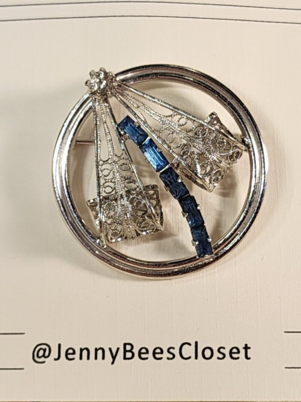 VINTAGE Silver-Tone Circle-Framed Art-Deco Dragonfly Brooch: Blue Rhinestones
